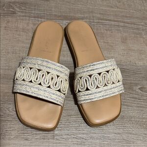 Woven Cream Slide Sandals with Tan Footbed